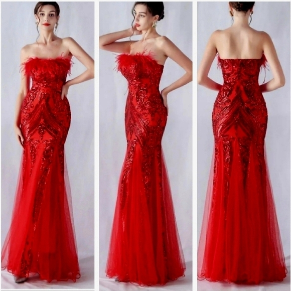 Red, Geometric Print, Ostrich Neckline,  Contrast Sequined Mermaid Maxi Gown - Picture 1 of 16